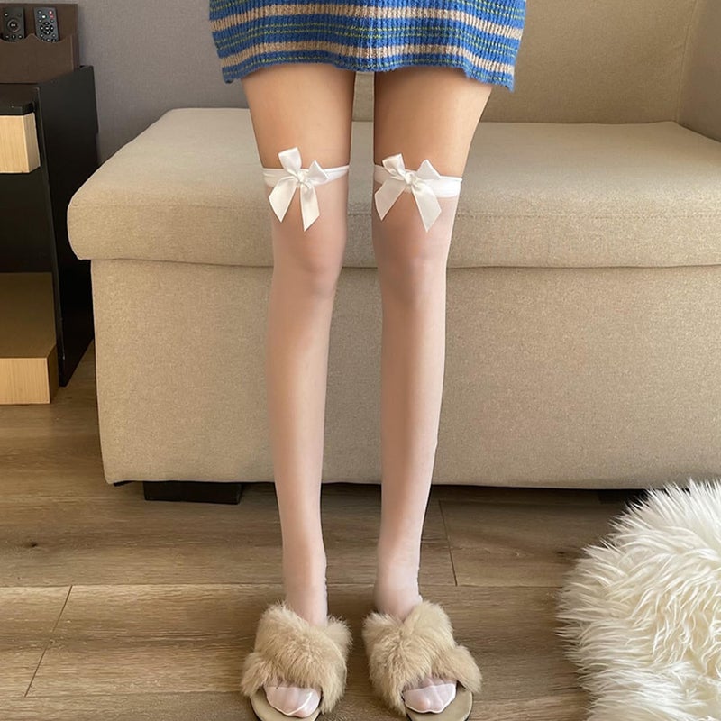 Ninejuize Thigh High Stockings with Bow, Santa Accessory Y2K Fishnet Socks with Lace Brim Lingerie Tights for Women - Image 2